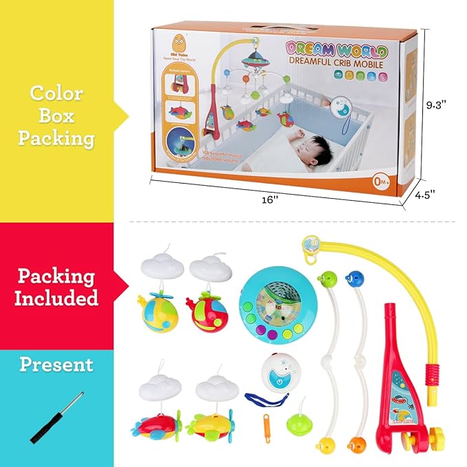 Baby Musical Crib Mobile with Hanging Rotating Toys, Remote Control, Lights Projector Function Music Box, Cartoon Rattles for Babies Boy Girl 0-24 Months, Newborn Sleep with 108 Melodies (Plane)-CubbioJoy