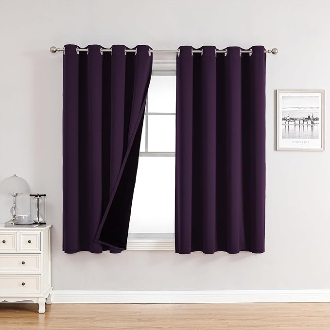 ChrisDowa 100% Blackout Curtains for Bedroom with Black Liner, 2 Thick Layers Total Blackout Thermal Insulated Grommet Window Curtains 2 Panels Set (Royal Purple, 52 x 45 Inch)-CubbioJoy