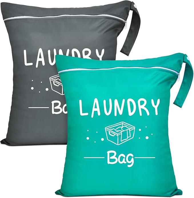2 Pcs Large Travel Laundry Bags - Waterproof Wet/Dry, Washable, Drawstring, Bathing Suit, Workout, Gym Clothes, Swimming, Yoga - Green, Grey-CubbioJoy