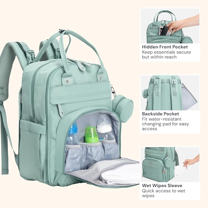 BabbleRoo Diaper Bag Backpack - Baby Essentials Travel Bag - Multi Function Waterproof Diaper Bag, Travel Essentials Baby Bag with Changing Pad, Stroller Straps & Pacifier Case – Unisex, Sage Green-CubbioJoy
