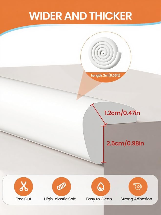 Baby Proof Edge Corner Protector, 6.56FT 0.47''Th L-Shape Furniture Corner & Edge Safety Bumpers with 6 Corners, Pre-Taped, Soft NBR Rubber Foam Desk Edge Cushion Wall Corner Protector（White）-CubbioJoy