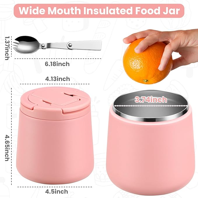 20oz Insulated Vacuum Food Jar with Buckle Lid,Soup Thermo for Hot Food Kids,Wide Mouth Leakproof Stainless Steel Lunch Container with Spoon-Pink-CubbioJoy