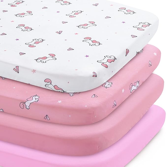Bassinet Sheet 4 Pack for Baby Girls, Bassinet Sheets Universal Fit for Rectangle, Oval, Hourglass Bassinet Pad/Mattress, Stretchy Bassinet Sheets, Pink Print-CubbioJoy