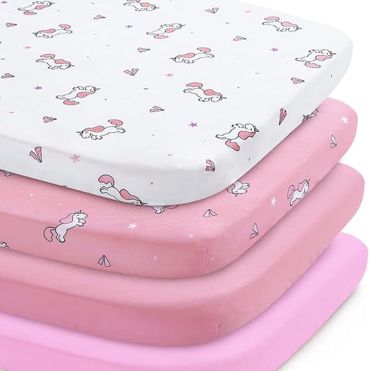 Bassinet Sheet 4 Pack for Baby Girls, Bassinet Sheets Universal Fit for Rectangle, Oval, Hourglass Bassinet Pad/Mattress, Stretchy Bassinet Sheets, Pink Print-CubbioJoy