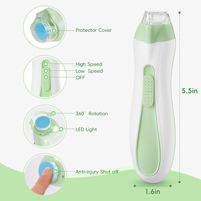 Baby Nail Trimmer Electric, 15 in 1 Baby Nail Clippers for Gentle Nail Care, Rechargeable Baby Nail File Electric with Light &15 Grinding Pads for Infant Toddler, Green-CubbioJoy