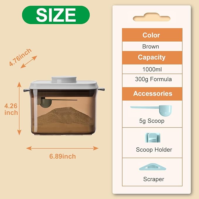 Ankou Airtight Formula Container-1000ml/400g Formula Dispenser with Lids, BPA-Free Food Storage Containers, One Button Handy Milk Powder Dispenser with Scoop and Scraper, Dark Brown-CubbioJoy