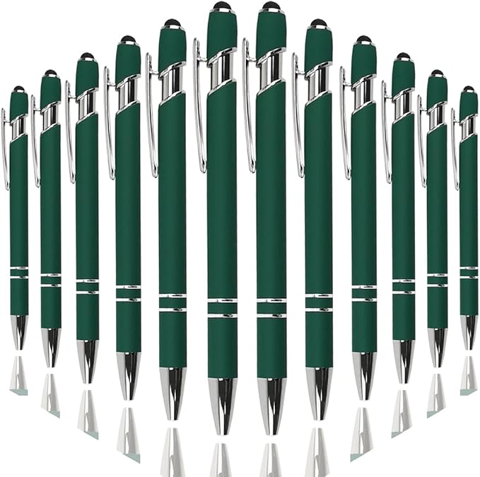 Ballpoint Pen with Stylus Tip, Soft Touch Click Metal Pen, 1.0mm Medium Point, Black Ink, 12 Count(Dark Green)-CubbioJoy