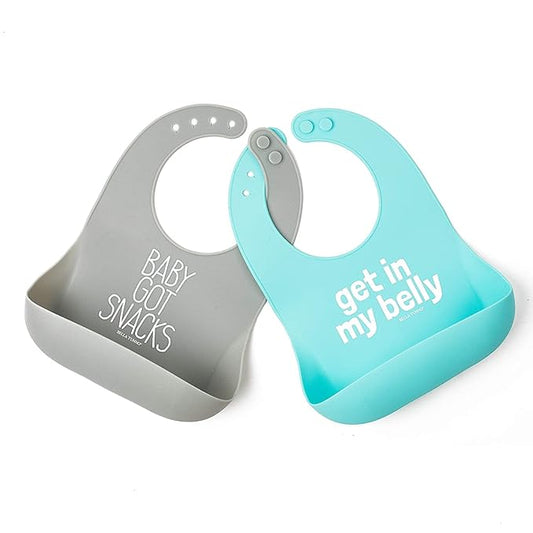 Bella Tunno Baby Bib for Eating, Set of 2 Waterproof Silicone Bibs with Large Food Catcher, Adjustable Fit for Babies 4-12 months & Toddlers 1-3 Years, Boys & Girls, Got Snacks & My Belly-CubbioJoy