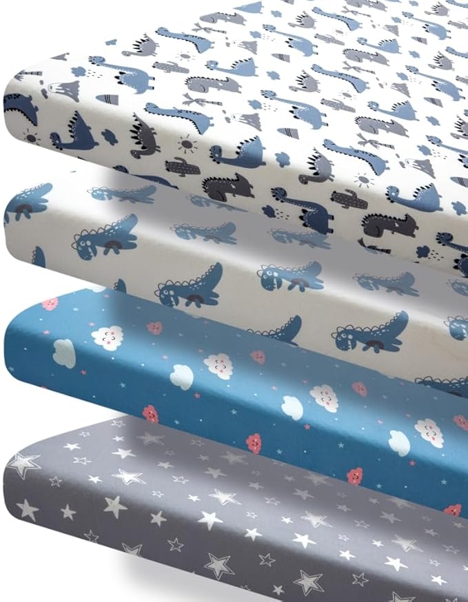 4 Pack Soft Baby Boy Sheets Dinosaur Star Cloud Soft Polyester Neutral Unisex Fitted Sheets Set for Baby Boys-CubbioJoy