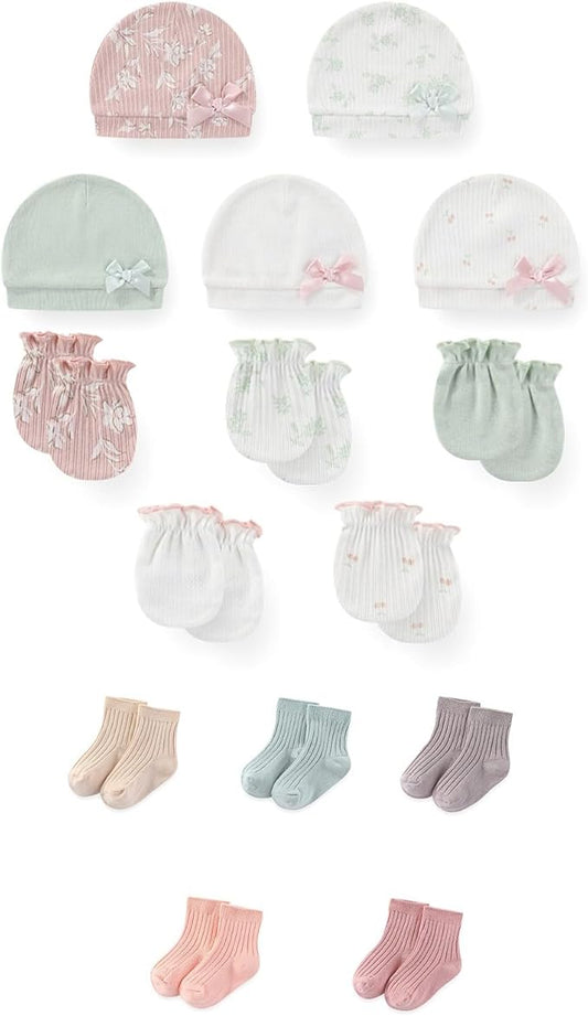 15 Pack Unisex New Born Boy Girls No Scratch Mittens Sets Cotton Soft Baby Gloves Hats socks Accessory 0-6 Months-CubbioJoy