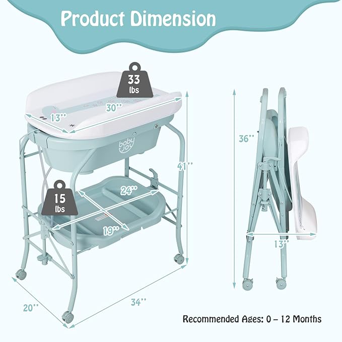 BABY JOY Baby Bathtub with Changing Table, Foldable Infant Diaper Changing Station with Storage Tray, Waterproof Pad, Portable Newborn Nursery Organizer Bath Stand with 4 Universal Wheels (Blue)-CubbioJoy