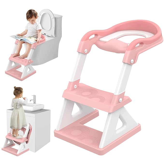 2 in 1 Potty Training Toilet Seat & Toddler Step Stool, Bottom Triangle Stability Toddler Toilet Seat, Adjustable Step & Seat Height Potty Seats for Toddlers Boys Girls (Pink)-CubbioJoy