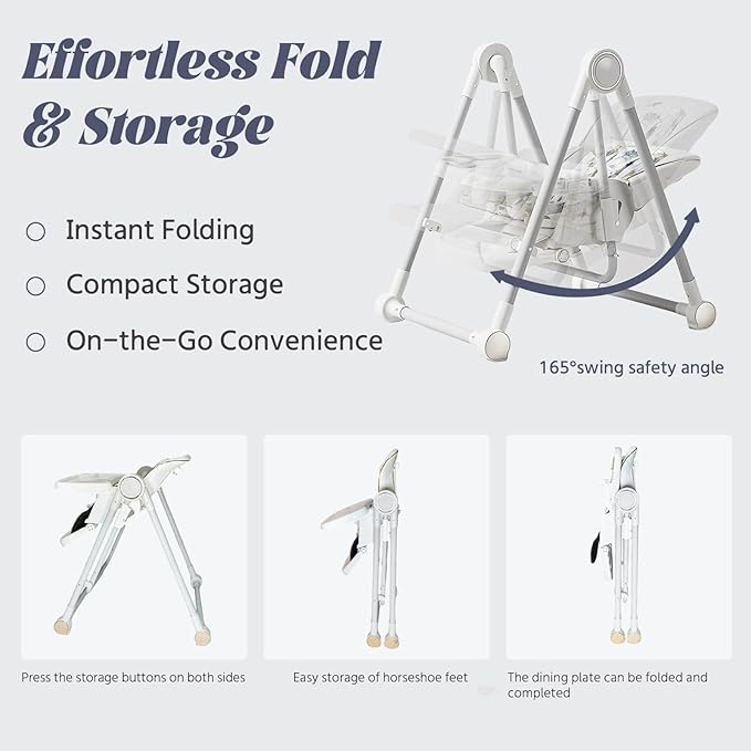 5 in 1 Baby High Chair Swings for Infants Foldable Rocking 8 Level Height Adjustment Eco Friendly Washable PU Cushion(White)-CubbioJoy