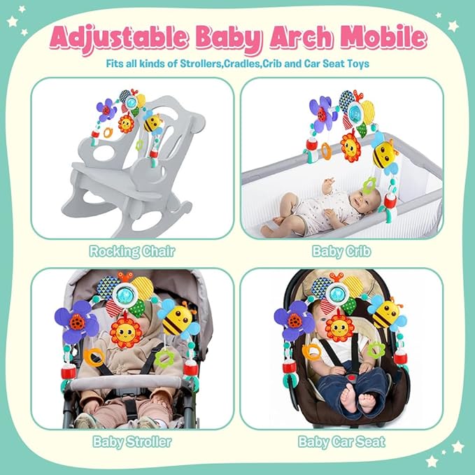 Baby Stroller Arch Toys,Adjustable Crib Mobile for Bassinet with Sensory Play Accessories and Hanging Toys,Baby Travel Car Seat Toys for Toddler Boy Girl 0 3 6 9 12 24 Months-CubbioJoy