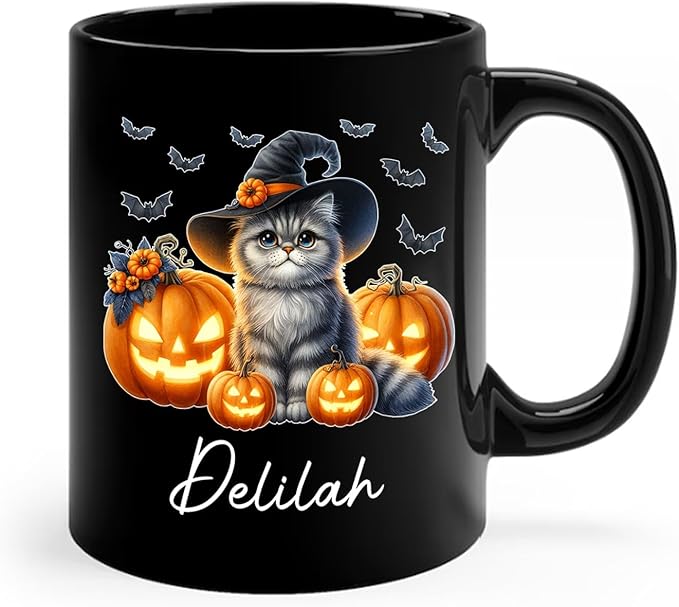 Customized Halloween British Longhair Mug with Name, Personalized British Longhair with Pumpkins Coffee Cup, Witch Cat Ceramic Mug, Pet Halloween Black Cup 11oz 15oz, Gift for Cat Dad Mom-CubbioJoy