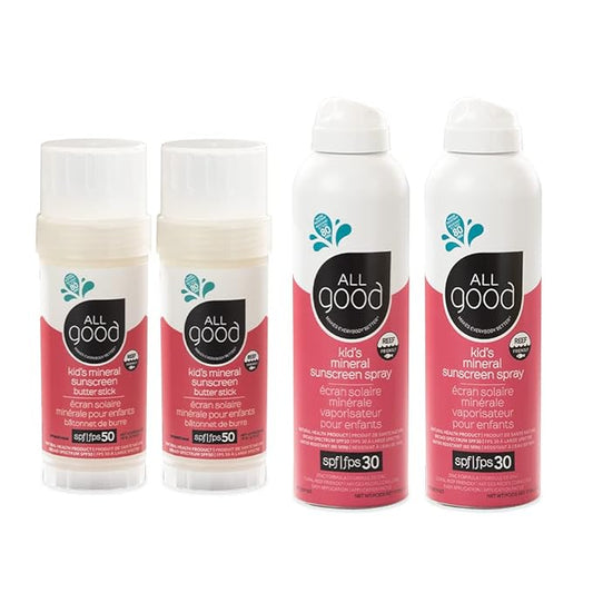 All Good Baby & Kids Mineral Face & Body Sunscreen - UVA/UVB Broad Spectrum, Coral Reef Friendly, Water Resistant, Zinc Oxide - (2) SPF 50 Butter Sticks & (2) SPF 30 Sprays-CubbioJoy