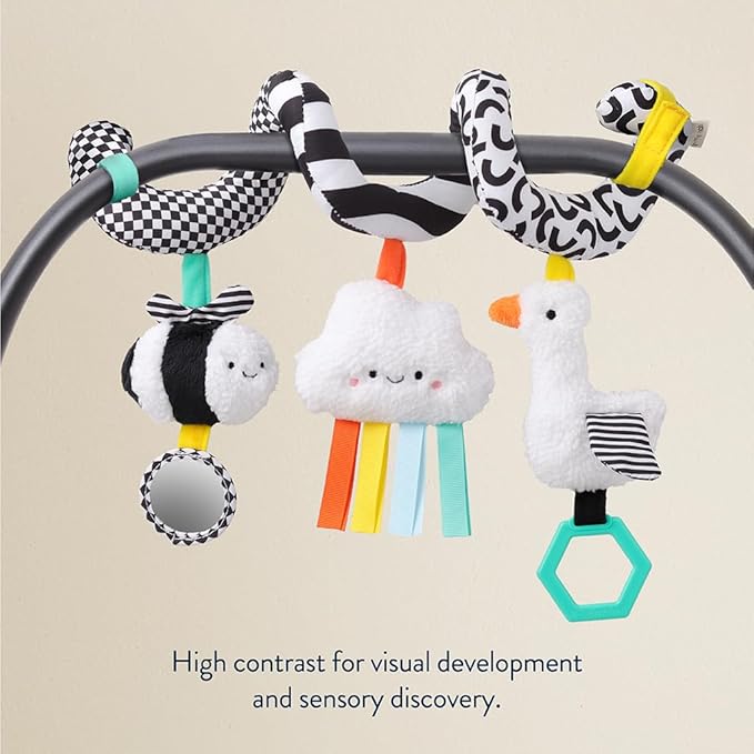 Itzy Ritzy Spiral Car Seat & Stroller Activity Toy - Stroller & Car Seat Toys for Ages 0 Months and Up - Hanging Toys Include Dangling Ring, Mirror and Textured Ribbons (High Contrast)-CubbioJoy