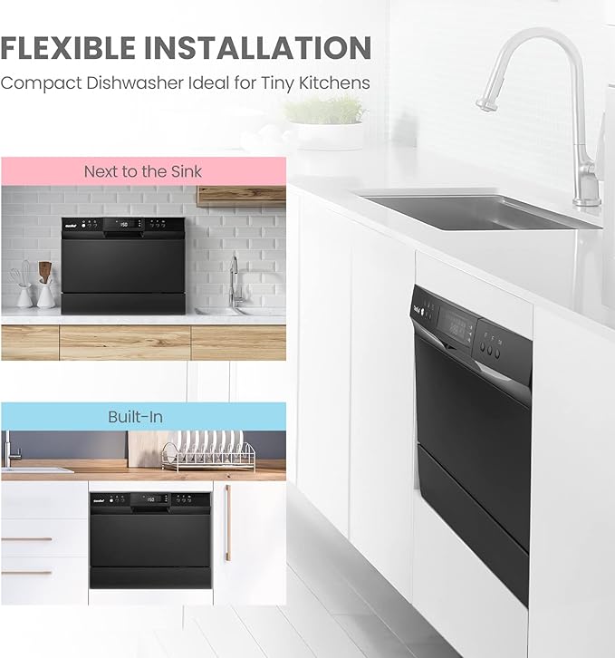 COMFEE’ Countertop Dishwasher, Energy Star Portable Dishwasher, 6 Place Settings & 8 Washing Programs, Speed, Baby-Care, ECO& Glass, Dish Washer for Dorm, RV& Apartment, Black-CubbioJoy