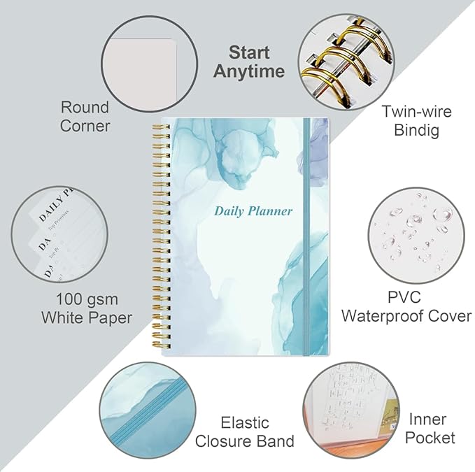 Daily Planner Undated - B5 To Do List Notebook Hourly Schedules, Spiral Appointment Planner for Women and Men, PVC Hardcover, Inner Pocket, Elastic Closure, 7" x 10", Blue Watercolor-CubbioJoy
