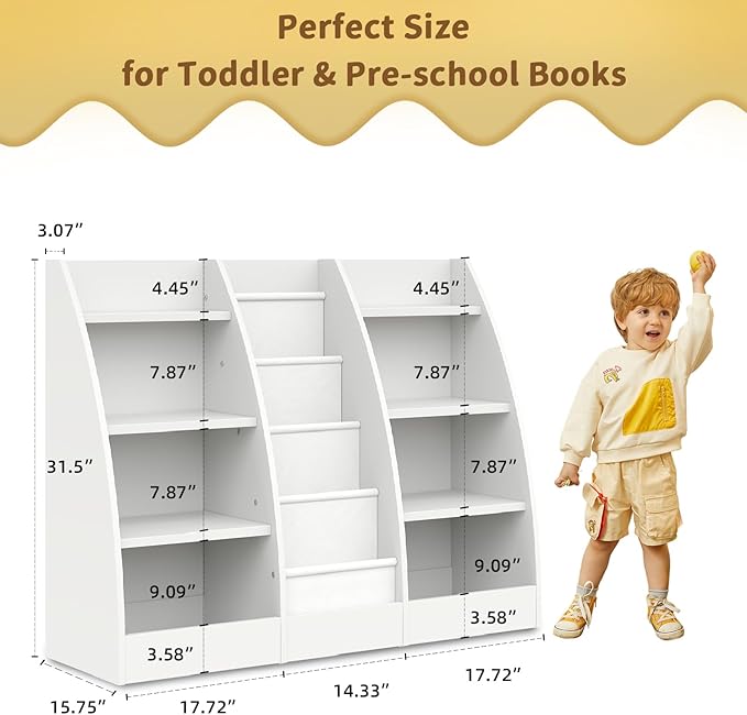 4 Tier Kids Bookshelf Set of 2, 4 Layer Sling Kids Book Shelf for Kids Rooms, XL Wood Children Bookcase,Baby Storage Book Rack,Toddler Bookshelf, Book and Toy Organizer,Book Display Shelf for Nursery-CubbioJoy
