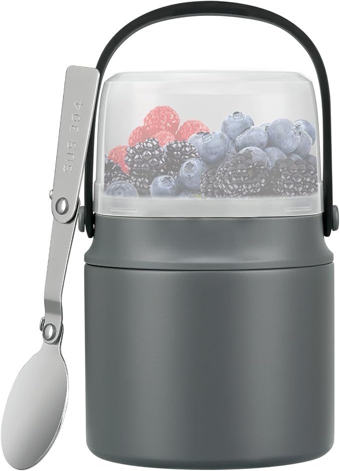 2-in-1 Insulated Food Jar & Snack Container - 15oz Kids Soup Thermos for Hot Food with Handle and Spoon, Leak Proof Reusable Toddler Snack Box, Perfect for School & Travel, Grey-CubbioJoy