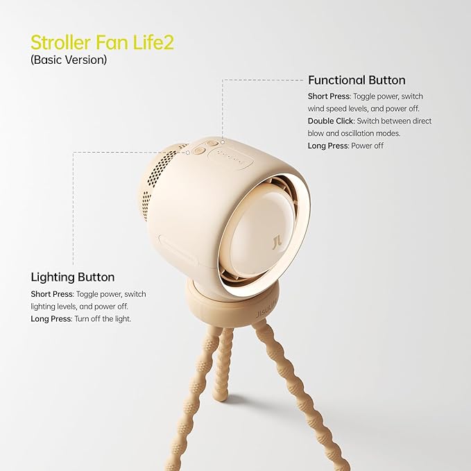 JISULIFE Stroller Fan Baby Large, Safe Bladeless for Crib, Desk, 4000mAh Battery Rechargeable Portable Cooling Fan with Air Turbo Tech, Night Light, Food-Grade Gift for Mom/Dad/Friend - Brown-CubbioJoy