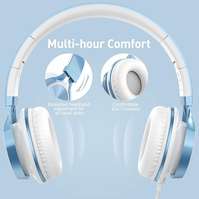 AILIHEN Kids Headphones for School Boys, Headphones with Microphone for Chromebook Laptop Computer Smartphone, 3.5mm Foldable Lightweight Headset for Teen Teenager (Blue)-CubbioJoy