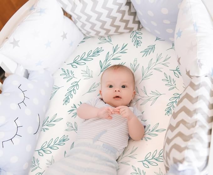 4 Pack Sage Green Fitted Nursery Sheets Breathable Neutral Unisex Baby Sheets for Boys or Girls with Leaf and Flower Design (Bassinet)-CubbioJoy