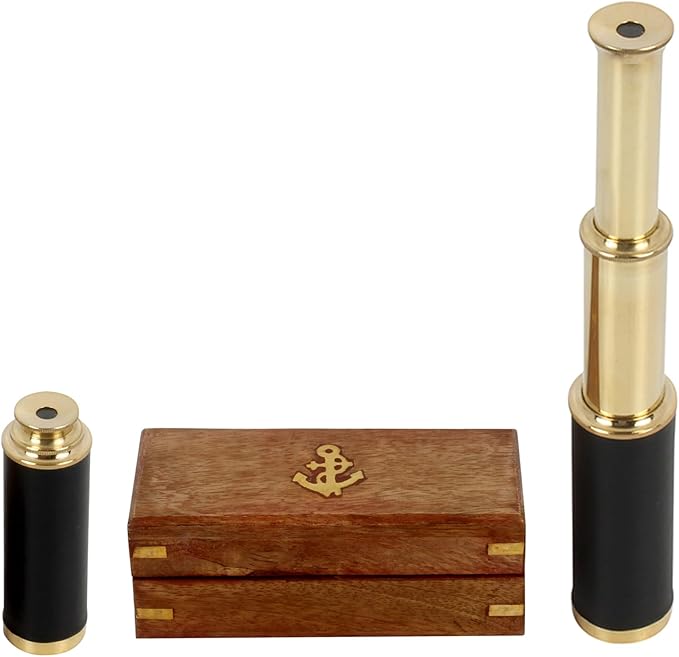 9" Pirate Telescope Handheld Brass Telescope Nautical Spyglass Monucular with Wooden Box-CubbioJoy