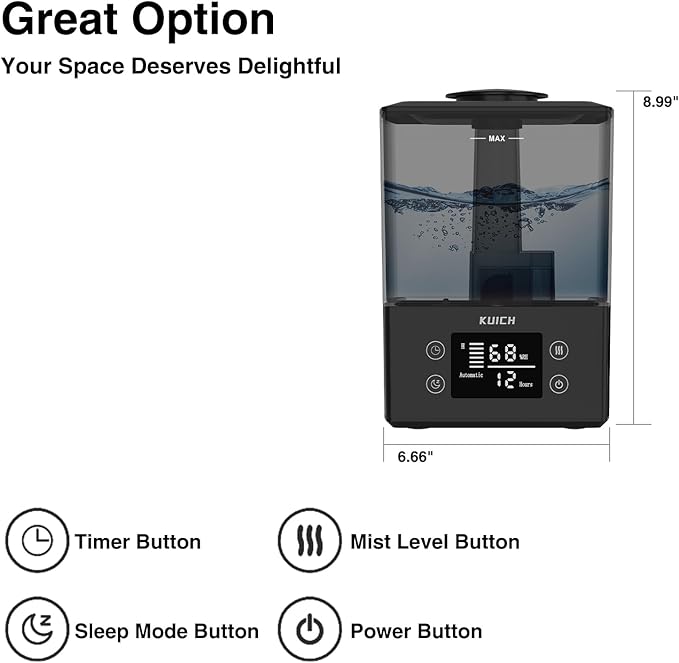 Air Humidifiers for Bedroom and Baby, Home & Plants - KUICH 2.4L Cool Mist Humidifiers for Nursery, 26db Quiet Top Fill Air Humidifier Lasts Up to 30 Hours, Auto Shut-Off, Easy to Fill and Clean,Black-CubbioJoy