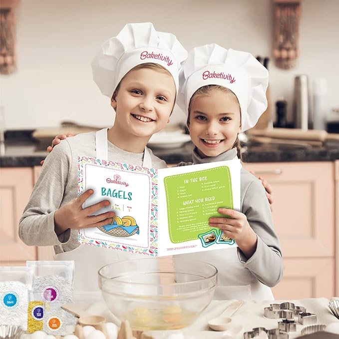 Baketivity Kids Baking Set, Meal Cooking Party Supply Kit for Teens, Real Fun Little Junior Chef Essential Kitchen Lessons, Includes Pre-Measured Ingredients (Baketivity Kit, Bagels)-CubbioJoy