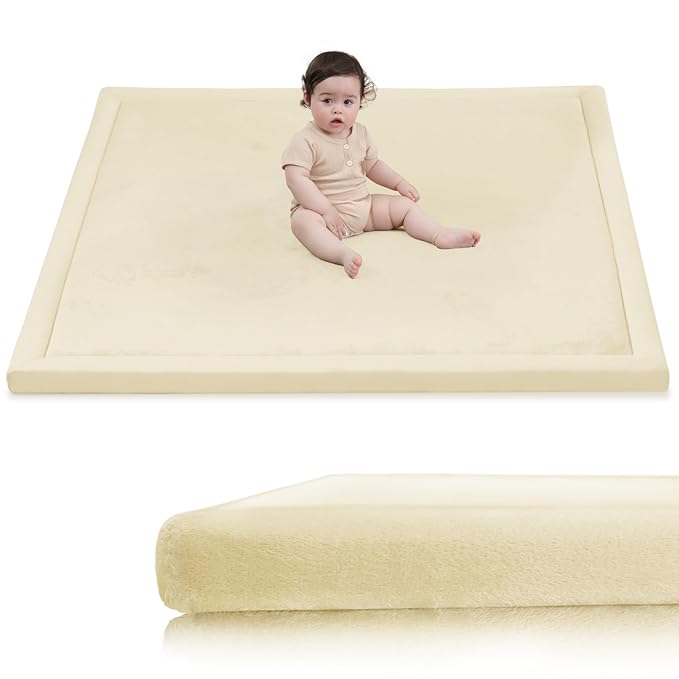 Baby Play Mat for Floor, 1.3" Thick Elasti-Foam 50x50 Playpen Mat for Toddlers Infant Kids,Water-Repellent Soft Velvet for Tummy Time, Non-Slip Backing for Crawling, Tatami Style(Vanilla)-CubbioJoy
