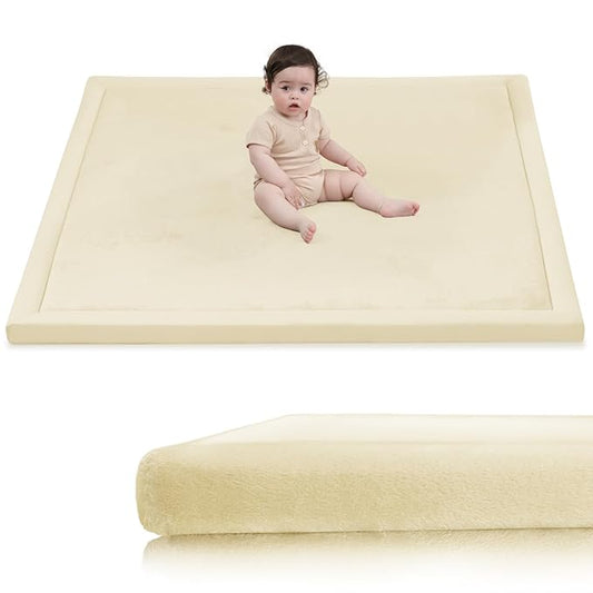 Baby Play Mat for Floor, 1.3" Thick Elasti-Foam 50x50 Playpen Mat for Toddlers Infant Kids,Water-Repellent Soft Velvet for Tummy Time, Non-Slip Backing for Crawling, Tatami Style(Vanilla)-CubbioJoy