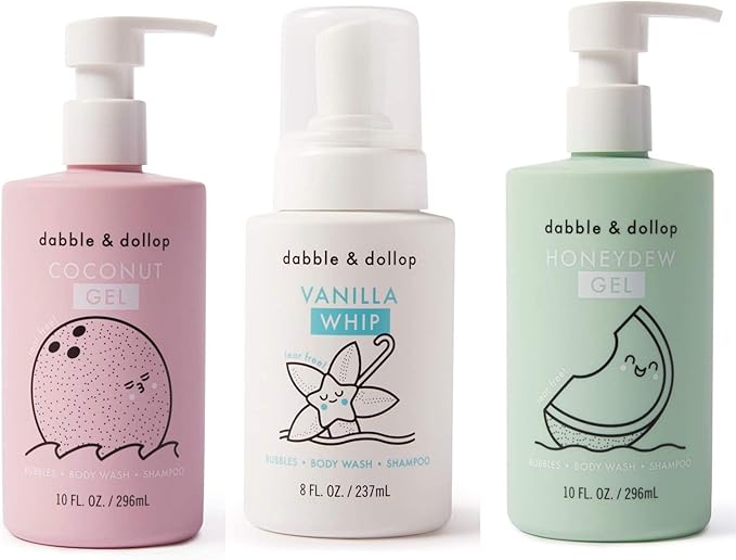 Dabble & Dollop Beachy Bundle, Natural Bubble Bath, Body Wash, Shampoo for Kids, USA-Made, Paraben & Sulfate Free, Vegan, Gluten-Free, Tear-Free, Honeydew Melon, Vanilla & Coconut (Set of 3)-CubbioJoy