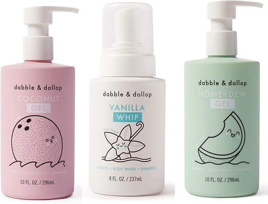 Dabble & Dollop Beachy Bundle, Natural Bubble Bath, Body Wash, Shampoo for Kids, USA-Made, Paraben & Sulfate Free, Vegan, Gluten-Free, Tear-Free, Honeydew Melon, Vanilla & Coconut (Set of 3)-CubbioJoy