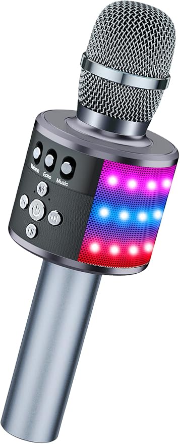 BONAOK Karaoke Microphone for Kids & Adults - Bluetooth Microphones Singing Mic with Disco Lights, Echo Effect, Built-in Speaker Portable Karaoke Player for Party Travel Gifts Q78(Space Gary)-CubbioJoy