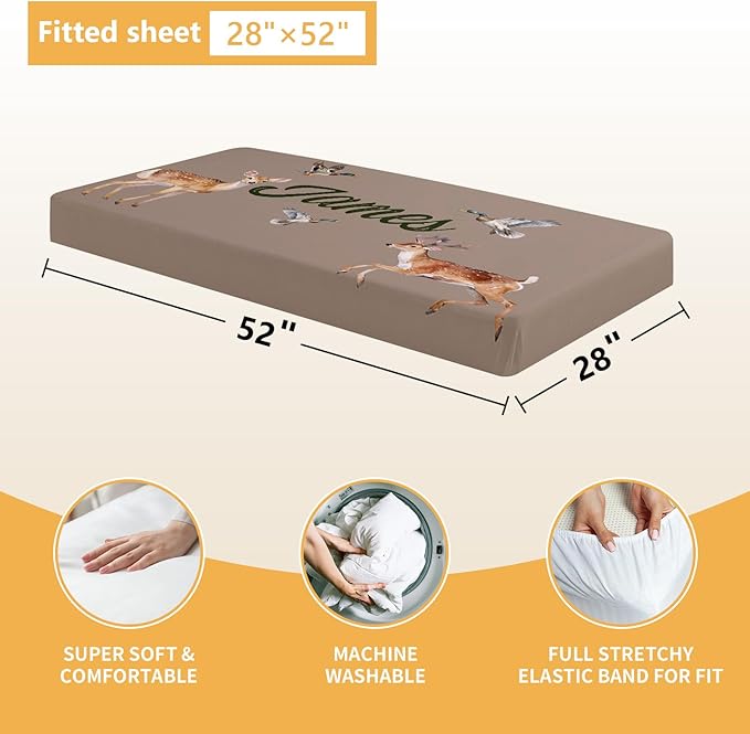 Custom Baby Crib Bedding Set, 5 Pcs Personalized Name Baby Crib Sets for Infant Toddler, Green Woodland Deer Nursery Bedding Set for Boys Girls, Double Layer Baby Bedding Sets Customized Gifts-CubbioJoy