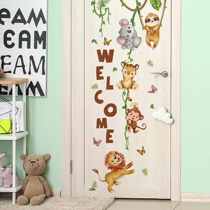 clothmile Watercolor Jungle Animal Wall Decals Welcome Animal Wall Sticker Lion Monkey Koala Wall Decals for Kids Baby Nursery Playroom Bedroom Classroom Kindergarten Wall Decor-CubbioJoy