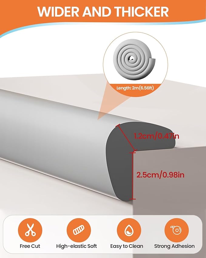 Baby Proof Edge Corner Protector, 6.56FT 0.47''Th L-Shape Furniture Corner & Edge Safety Bumpers with 6 Corners, Pre-Taped, Soft NBR Rubber Foam Desk Edge Cushion Wall Corner Protector（Grey）-CubbioJoy