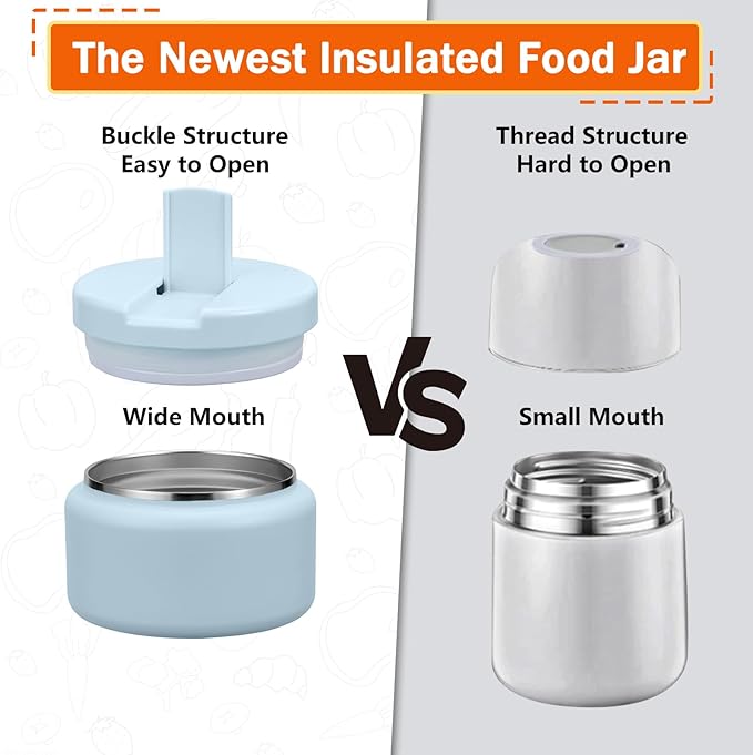 13.5oz Kids Thermos for Hot Food, Insulated Vacuum Food Jar with Buckle Lid, Stainless Steel Wide Mouth Leak Proof Insulated Lunch Container for School Picnic Travel, Blue-CubbioJoy