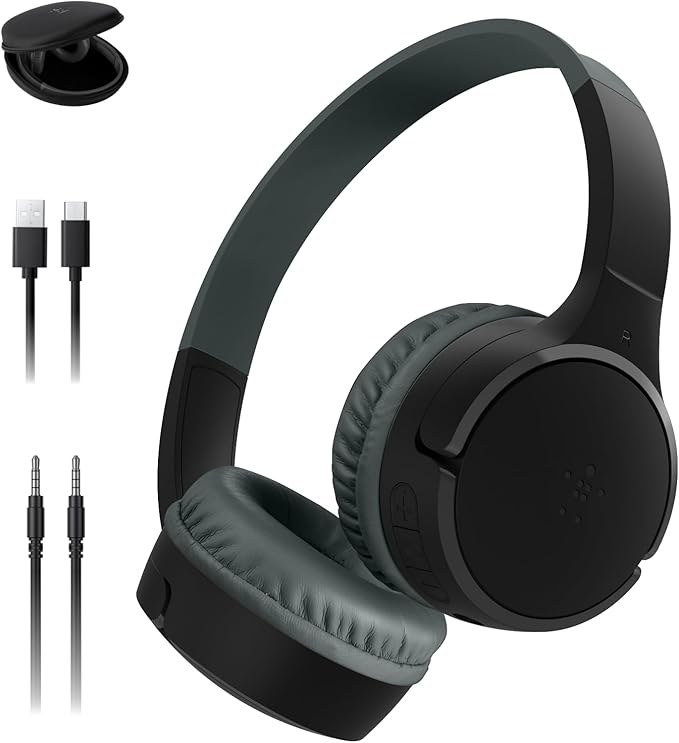 Belkin SoundForm Mini Kids Wireless Headphones w/Built-in Microphone, 30H of Playback Time, Fun Stickers, & Case - Over-Ear Headsets for Online Learning, School, iPhone, iPad, Galaxy, & More - Black-CubbioJoy