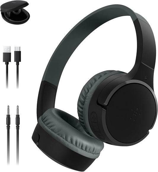 Belkin SoundForm Mini Kids Wireless Headphones w/Built-in Microphone, 30H of Playback Time, Fun Stickers, & Case - Over-Ear Headsets for Online Learning, School, iPhone, iPad, Galaxy, & More - Black-CubbioJoy