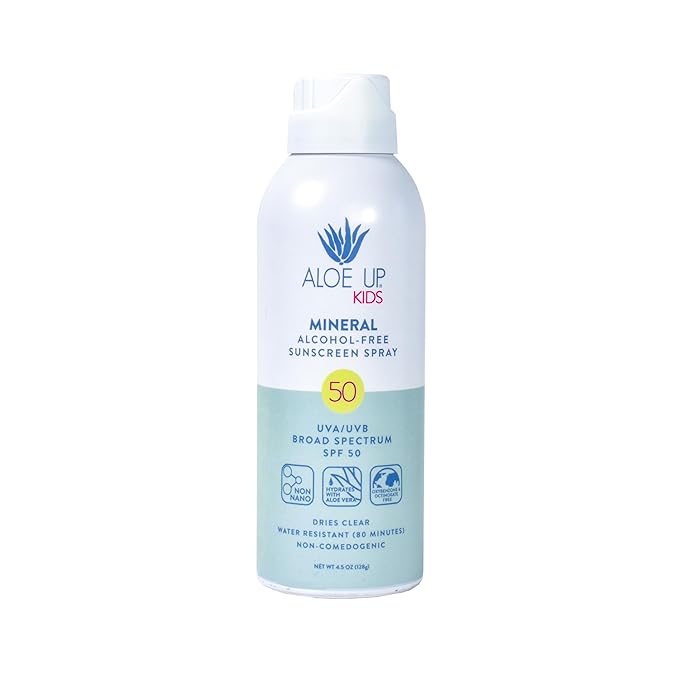 Aloe Up Kids Broad Spectrum Mineral Sunscreen Spray SPF 50 - Alcohol-Free Face and Body Sun Protector for Sensitive Skin - With Gen2 Zinc Oxide and Aloe Vera - Reef Safe - Fragrance-Free - 4.5 Oz-CubbioJoy