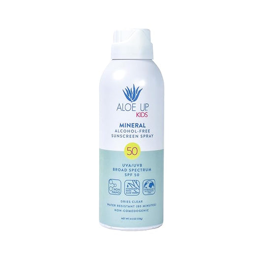 Aloe Up Kids Broad Spectrum Mineral Sunscreen Spray SPF 50 - Alcohol-Free Face and Body Sun Protector for Sensitive Skin - With Gen2 Zinc Oxide and Aloe Vera - Reef Safe - Fragrance-Free - 4.5 Oz-CubbioJoy
