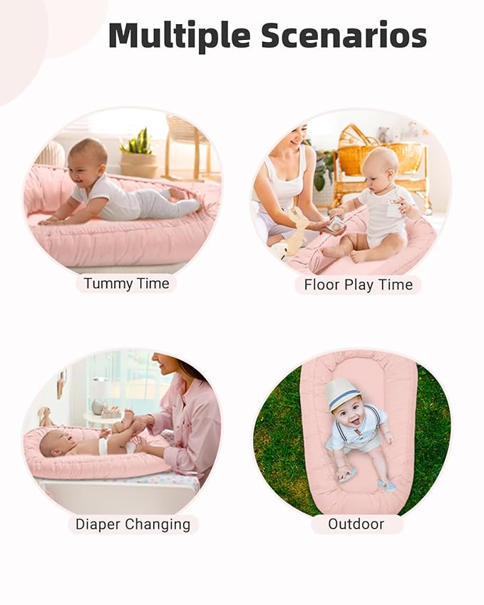 Baby Lounger for Newborn 0-24 Months, Breathable & Soft Infant Lounger, Adjustable Tummy Time Lounger for Home and Travel, Baby Girls & Boys Newborn Babies Essentials Stuff, Pink-CubbioJoy