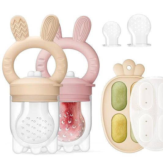 2 Packs Baby Fruit Feeder & Freezer Nibble Tray Combo, Push Pop Baby Food Feeder to Safely Introduce New Foods, Fresh & Frozen Food Silicone Feeder, 100% Food Grade, BPA Free (Caramel & Pink)-CubbioJoy
