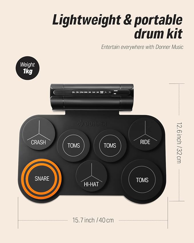Donner Electronic Drum Set, 7 Pads Electric Drum Pad Roll Up Quiet Drum Pad Built-in Speaker, 40 Drum Lessons Included, Kids Holiday Christmas & Birthday Gift Instrument Toys(DED-20)-CubbioJoy