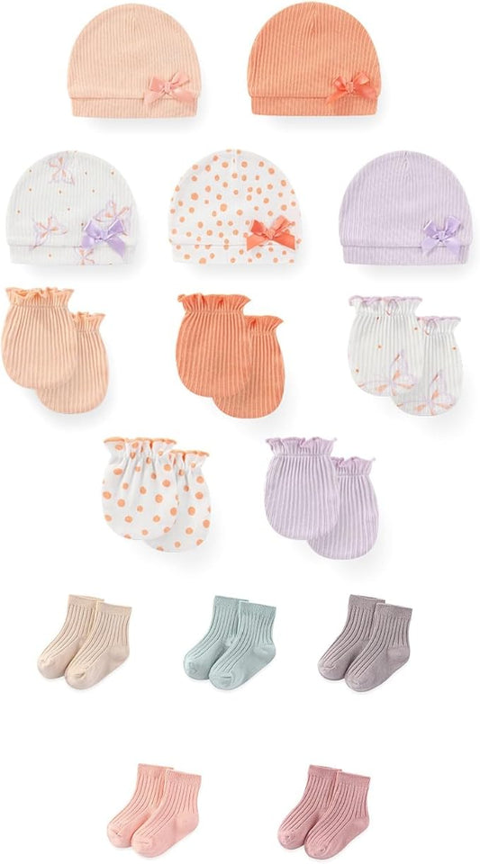 15 Pack Unisex New Born Boy Girls No Scratch Mittens Sets Cotton Soft Baby Gloves Hats socks Accessory 0-6 Months-CubbioJoy
