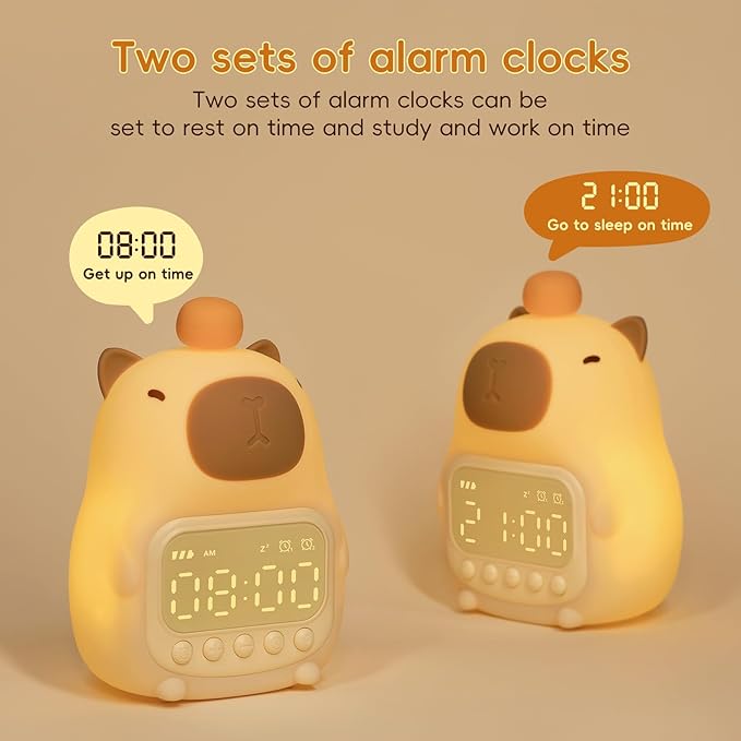 Capybara Alarm Clock with Night Light for Kids, Cute Toddler Alarm Clocks for Bedrooms Ok to Wake Clocks for Girls and Boys, Silicone Animal Tabletop Lamp for Kid, RGB Color-CubbioJoy