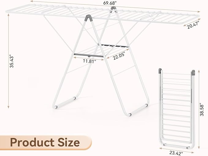 APEXCHASER Clothes Drying Rack, Foldable Drying Rack Clothing, Sturdy Metal Laundry Drying Rack, Height-Adjustable Gullwing, Easy to Fold, Space-Saving, for Indoor Outdoor, White-CubbioJoy